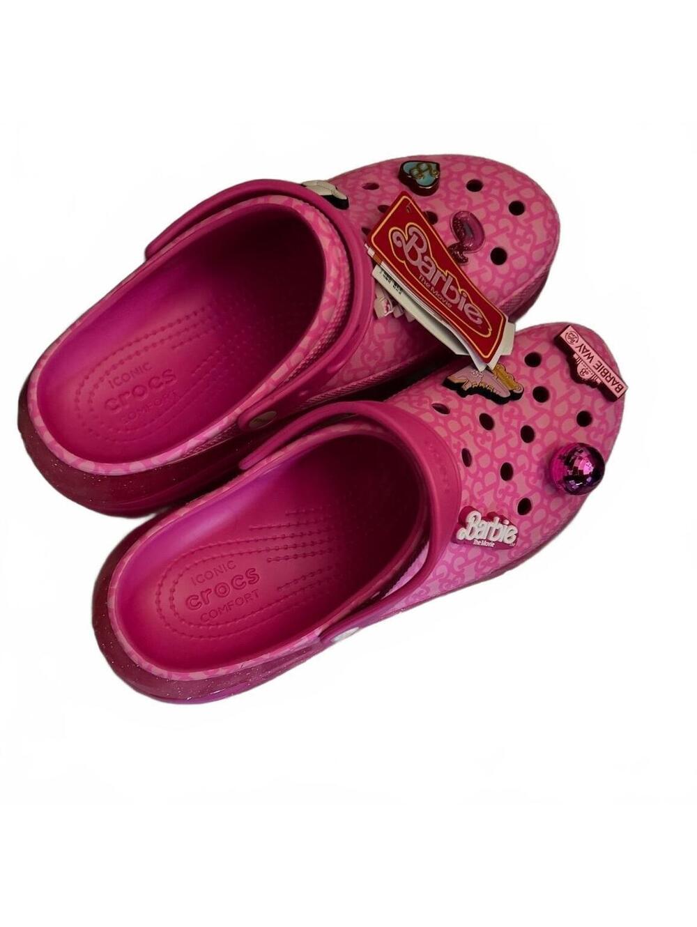 Brand New Pink Barbie Platform Crocs Clogs with Glitter Sole and Charms, Size M